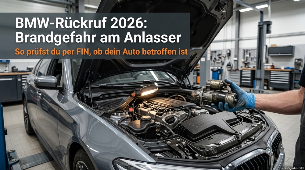 Mechaniker pr�ft im Motorraum eines BMW den Anlasser im Rahmen eines R�ckrufs.