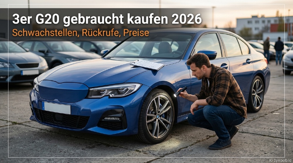 K�ufer begutachtet einen blauen BMW 3er G20 auf einem Gebrauchtwagenplatz.