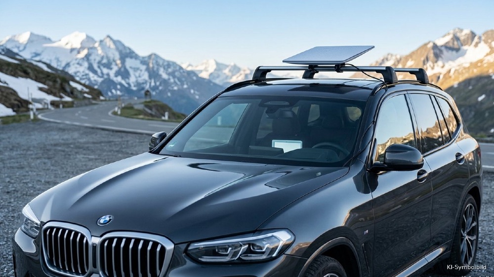 Front eines BMW X3 mit Doppelniere, auf dem Dachtr�ger eine flache Satellitenantenne vor schneebedeckten Gipfeln